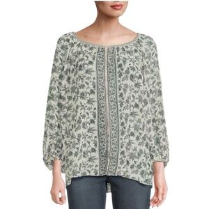 Max Studio Printed Floral Green Blouse with elastic cuffs NWT L